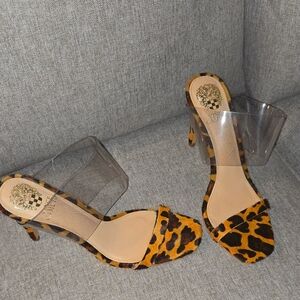 Vince Camuto Brown Tan Heels with Clear Strap Cow Hair